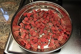 raw meat in pan